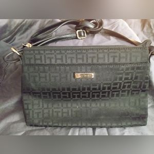 Tommy Hilfiger Black embroidered TH Logo pattern crossbody bag. 10x7x2 in inches